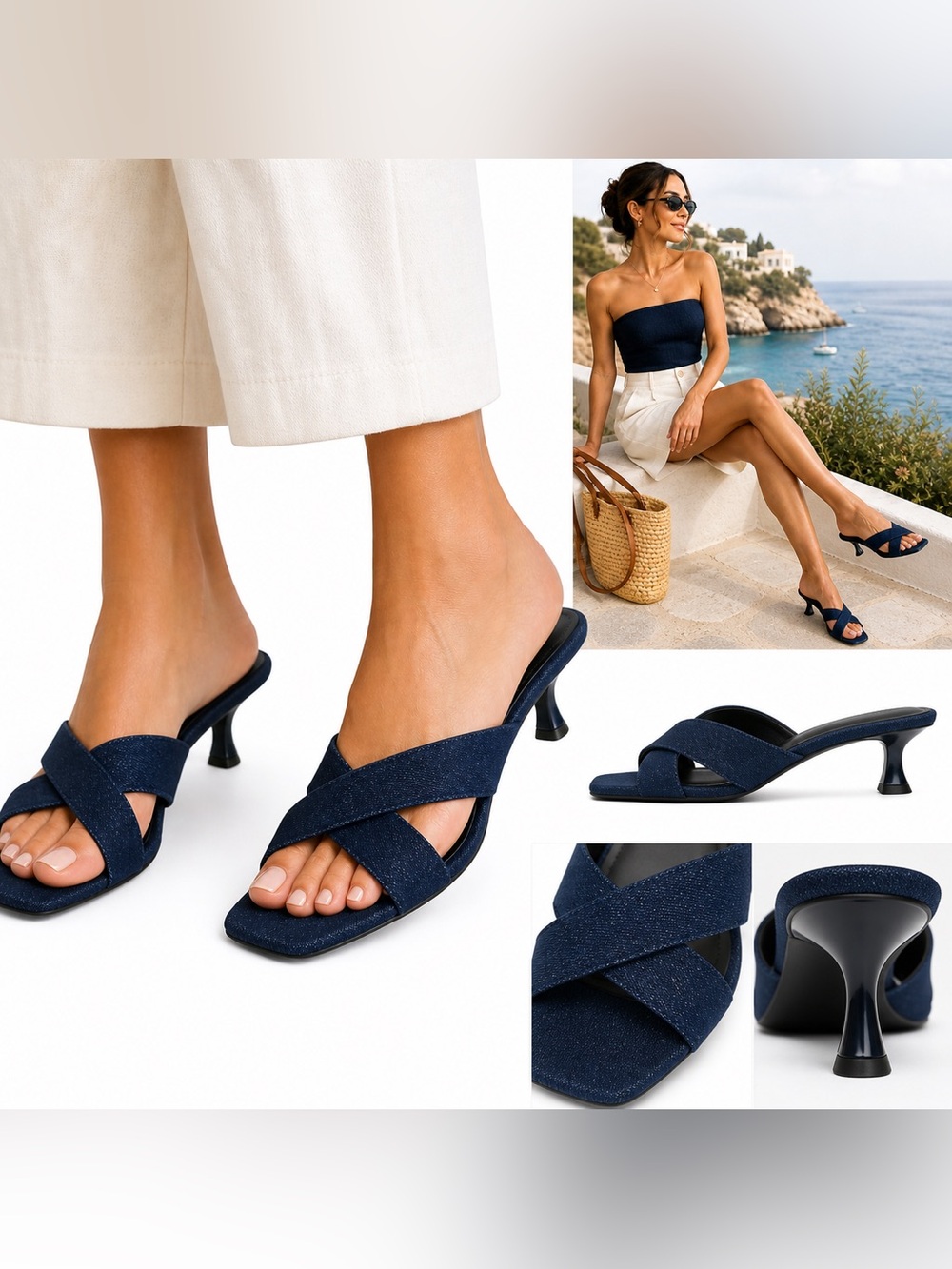 Marc Fisher Denim Kitten Heel Sandals Denim Slide Heels Chic Summer Size 8.5